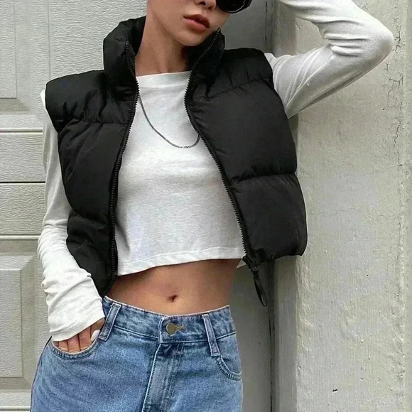 Black Casual Women's Zip Up Crop Vest Puffer Thick Coat - Picture 3 of 9